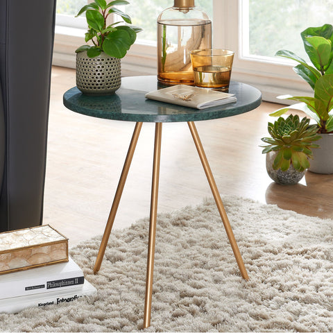 Rootz Side Table - Real Marble Green - Metal Gold - Small Round Tripod Coffee Table - Modern Living Room Table - High Coffee Table - 38x38x44cm