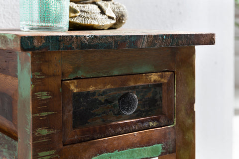 Rootz Side Table - Solid Wood - Shabby Night Commode with Shelf & Thrust - Mango Recycling Boat Wood Night Console - 30x30x50cm