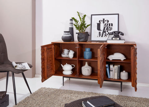 Rootz Sideboard - Sheesham Wood - Rustic Chest of Drawers - Large Design with 3 Doors - 150x81x41cm