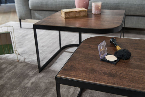 Rootz Coffee Tables - Dark Industrial Living Room Tables - Black Metal Leg Nesting Side Tables - 2-Piece Wooden Placemat Nesting Tables -  Set of 2 Mango Solid Wood and Metal
