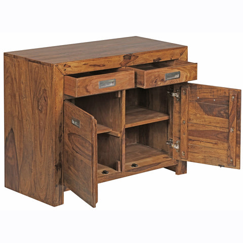 Rootz Sideboard - Sheesham Wood - 2 Drawers, 2 Doors - Design Highboard - Country Style - Brown Natural - 90cm Chest