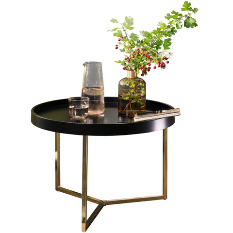 Rootz Coffee Table - Black-Gold -Modern Retro Design - Metal Round Table with Wood Plate - 58.5x42x58.5cm