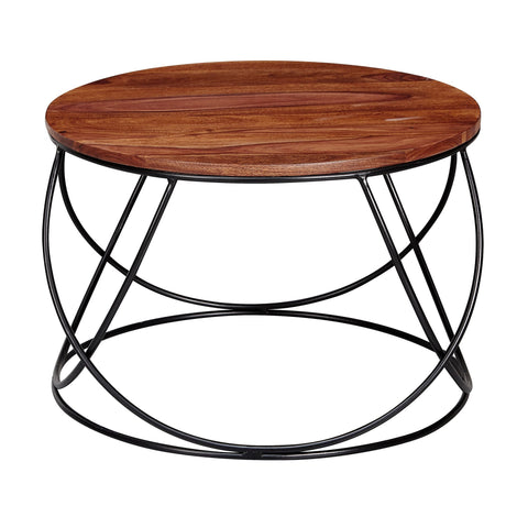 Rootz Coffee Table - Round Living Room Table, Solid Brown - Modern Industrial Wooden Table - Sheesham Solid Wood - Metal - 60x40x60cm