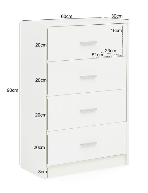 Rootz Sideboard - High Gloss Design - Modern Wood Sideboard - Narrow Dining Room Drawer Chest - White - 60x90x30cm