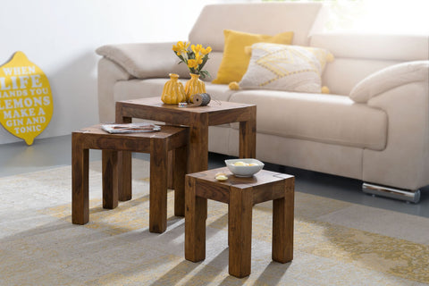 Rootz Nesting Tables - Set of 3 - Solid Wood Sheesham - Dark Brown - Natural Wood - Country House Style - Side Tables