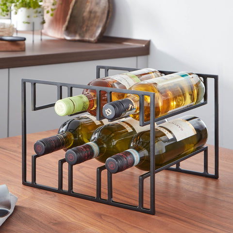 Rootz Wine Bottle Holder - Black Metal - Holds 6 Bottles - Modern Iron Wine Rack - 29x21x25 cm