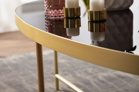 Rootz Coffee Table - Black Glass - Gold Metal Frame - Large Living Room Lounge Table - Oval - 110 x 56 cm