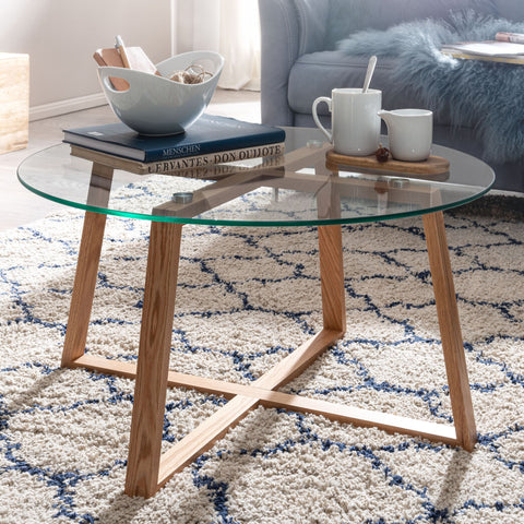 Rootz Coffee Table - Solid Oak with Round Glass - Modern Design for Living Room - Large Wooden Table - 78x78x41 cm