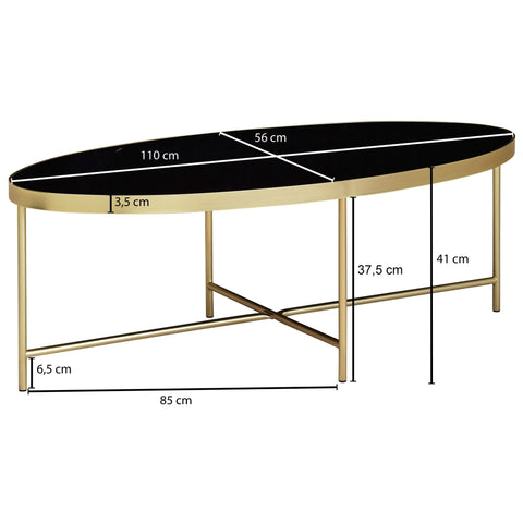 Rootz Coffee Table - Black Glass - Gold Metal Frame - Large Living Room Lounge Table - Oval - 110 x 56 cm
