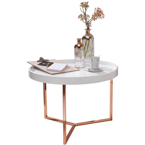 Rootz Coffee Table - White-Copper - Modern Retro Design - Metal Round Table with Wood Plate - 58.5x42x58.5cm