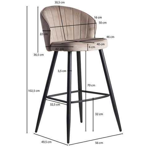 Rootz Bar Stool with Backrest - Scandinavian Fabric Kitchen Stool - Metal 110 kg - Design Bistro Stool - Upholstered Barstool - Beige Velvet - 56x102.5x52.5 cm