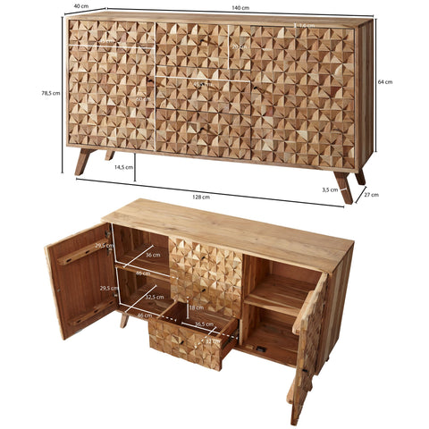 Rootz Sideboard - Acacia Wood - Country Style with 3 Drawers & 2 Doors - 140x78.5x40cm