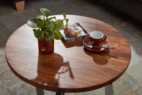 Rootz Coffee Table - Round Metal Coffee Table - Design Living Room Table - Modern Small Side Table - Solid Sheesham Wood - 60x60x35 cm