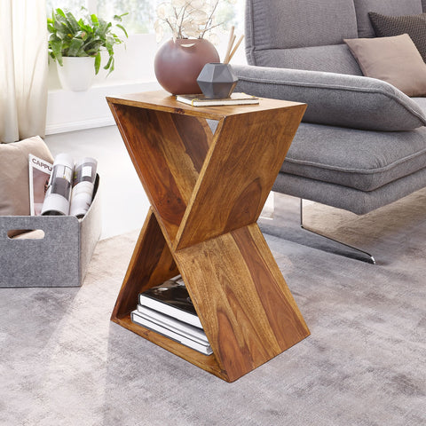 Rootz Side Table - Living Room Table with Shelves - Small Real Wood Coffee Table - X-Shape - Sheesham Solid Wood - 43x60x30 cm