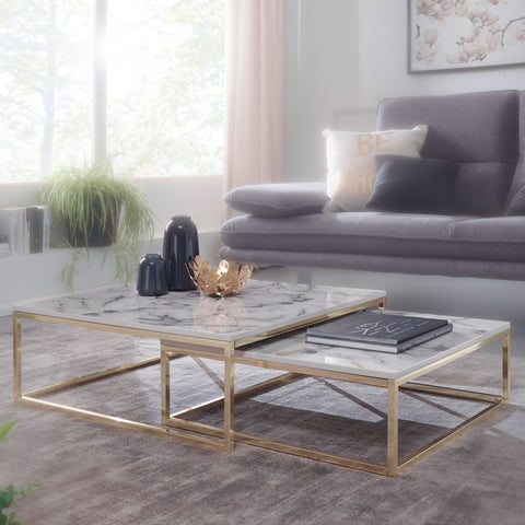 Rootz Coffee Table - Set of 2 White Marble Optics Design - Gold Metal Frame - Modern Nesting Tables for Elegant Living Room