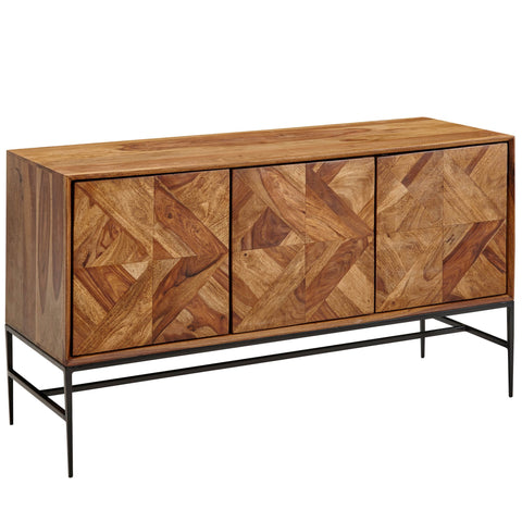 Rootz Sideboard - Industrial Metal Sideboard with Doors - Modern Chest of Drawers - Living Room Cabinet - Solid Sheesham Wood - 123x70x45 cm