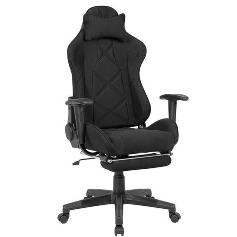 Rootz Gaming Desk Chair - Black Fabric Swivel Chair - Up to 120kg - High Backrest - Extendable Footrest