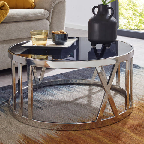 Rootz Coffee Table - Glass & Metal - Modern Design - Small Round Living Room Table - Silver - 60x60x30 cm