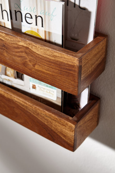 Rootz Magazine Rack - Solid Wood Sheesham - 2 Storage Compartments - Design Brochure Holder - Country Style