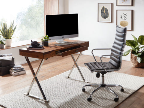 Rootz Desk - Chrome Metal - Design Office Table with Drawer - Home Office Laptop Table with Storage - Solid Sheesham Wood - 120x55x78 cm