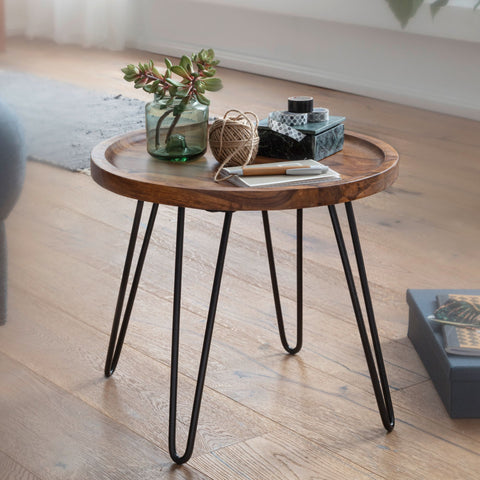 Rootz Round Coffee Table - Sheesham Solid Wood - Hairpin Legs - Wood and Metal Living Room Table - (45x40x45 cm)
