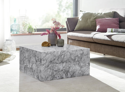 Rootz Coffee Table - Marble Look Design - Cube Square Living Room Table - Lounge Side Table - White High Gloss - 60x30x60 cm