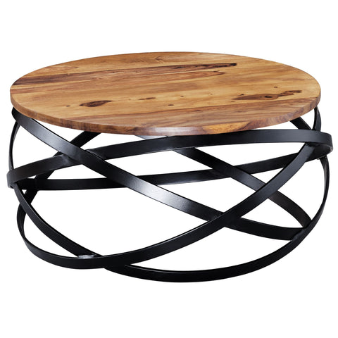 Rootz Coffee Table -  Sheesham Wood - Metal Base - Round Design for Living Room - 60x30x60cm