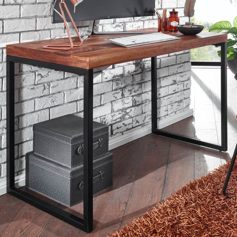 Rootz Sheesham Solid Wood Desk - Metal Frame Computer Table - Small Dark Design Office Desk - 117x59x76.5 cm