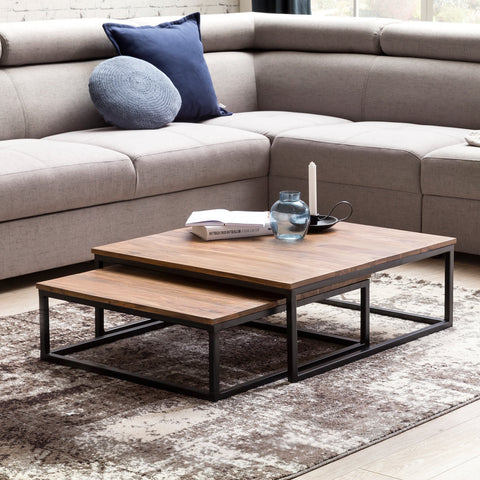 Rootz Table Set - Sheesham Wood - Living Room - Solid Wood Design - Palisander Lounge Table with Metal Legs - 75 x 75 x 27 cm