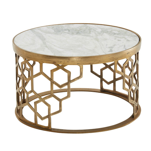 Rootz Coffee Table - Gold Metal Design - Round Living Room Table - Modern Small Coffee Table - Side Table for Living Room - White Marble - 60x60x36 cm