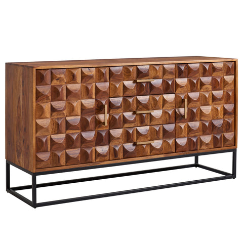Rootz Sideboard - Metal Sideboard with Two Doors - Industrial Chest of Drawers - Living Room Standing Cabinet - Solid Sheesham Wood - 145x81x45 cm