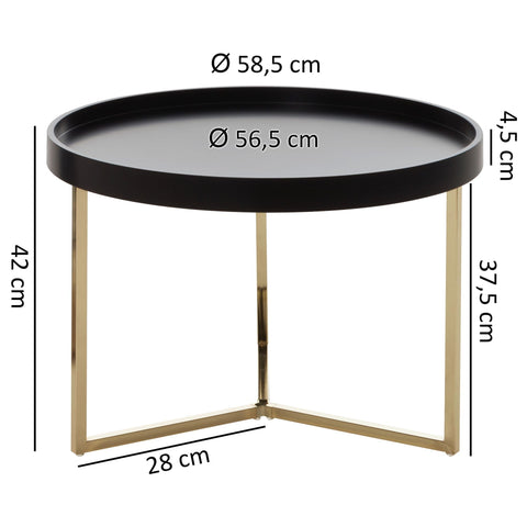 Rootz Coffee Table - Black-Gold -Modern Retro Design - Metal Round Table with Wood Plate - 58.5x42x58.5cm
