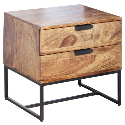 Rootz Industrial Design Bedside Table - 2 Drawers - Storage Space - Solid Sheesham Wood & Metal - 50x40x51 cm