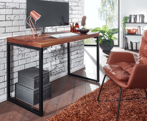 Rootz Sheesham Solid Wood Desk - Metal Frame Computer Table - Small Dark Design Office Desk - 117x59x76.5 cm