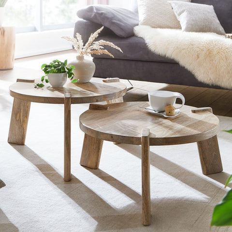 Rootz Living Room Tables - Round Nesting Side Table - 2-Piece Placemat Coffee Table Set - Light Mango Solid Wood