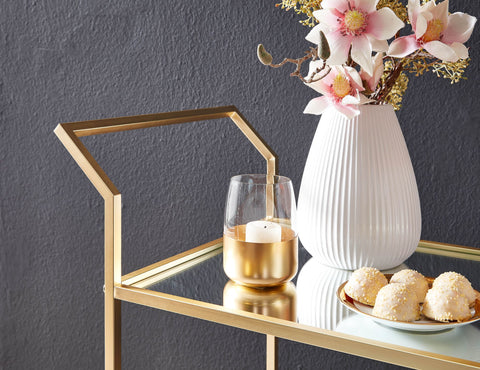 Rootz Serving Trolley - Glass and Metal Kitchen Trolley - Mobile Side Table - Dining Car with Glass Top - Mini Bar Tea Trolley - Gold Design - 73x78x37 cm