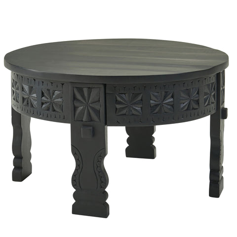 Rootz Coffee Table - Mango Solid Wood Round Table in Black - Oriental Living Room Table - Lounge Table with Solid Wood Design - 60x36x60cm