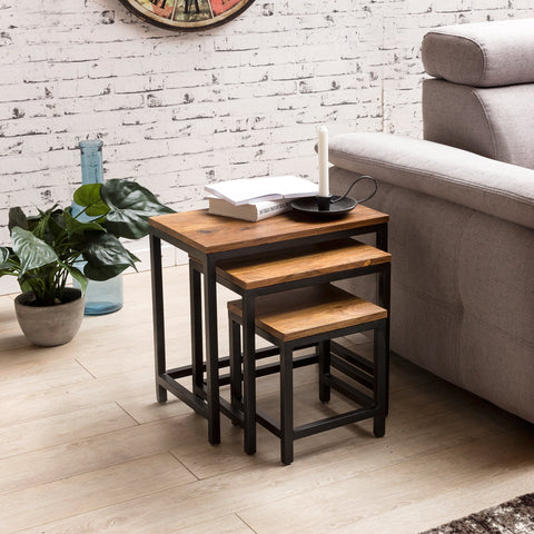 Rootz Side Tables - 3 Design - Sheesham with Metal Legs - Set of 3 Mixed Material Nesting Tables - Solid Wood Accent Tables