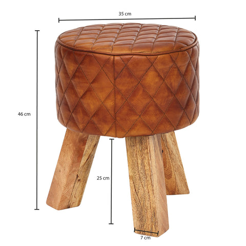 Rootz Stool - Genuine Leather - Modern Round Foot Stool - Brown Turnbock Leather - Small Upholstered Wooden Stool - Solid Wood - 35x46x35cm