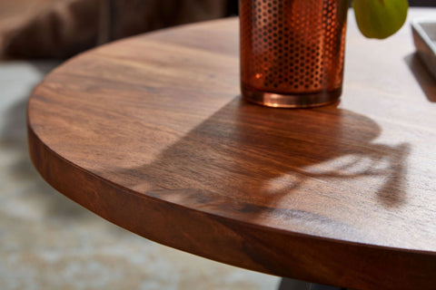 Rootz Coffee Table - Round Metal Coffee Table - Design Living Room Table - Modern Small Side Table - Solid Sheesham Wood - 60x60x35 cm