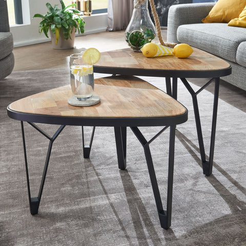 Rootz Nesting Tables - Triangular Design - Set of 2 Brown Coffee Table with Metal Legs - 2-Piece Placemat Nesting Table in Wood and Black Metal - Mango-Acacia Solid Wood