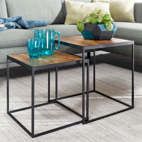 Rootz Living Room Table Set - 2-Piece Metal Side Table & Industrial Design Square Coffee Table - Square Side Table - Nesting Table Placemat - Mango Solid Wood