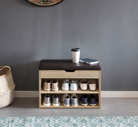 Rootz Wood Bench - Sonoma - Small Upholstered Bench - Narrow Hallway Bench with Storage - Shoe Chest Hallway Furniture - 60 x 40 x 30 cm