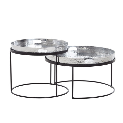 Rootz Round Side Table - Set of 2 Silver-Black Metal Hammer Finish Nesting Tables - Round Coffee Table with Removable Tray - Modern 2-Piece Tray Sofa Table