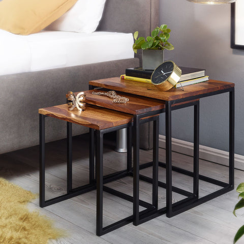 Rootz Nesting Tables - Set of 3 Square Modern Side Table - Design Coffee Table - Space-Saving Living Room Tables - Sheesham Wood and Metal
