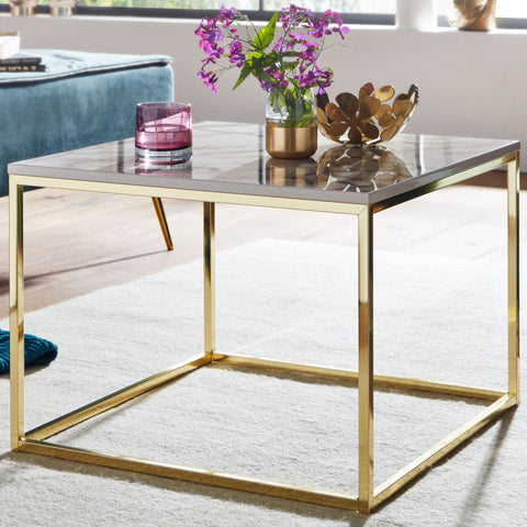 Rootz Coffee Table - Metal Frame Living Room Table - White Gold Marble Look - Square Sofa Side Table - 60x60x45 cm