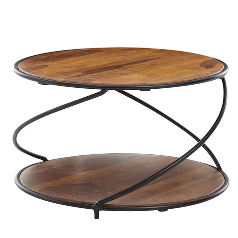 Rootz Coffee Table - Round Metal Coffee Table - Modern Living Room Table with Storage - Small Side Table -  Solid Sheesham Wood - 58x58x35 cm