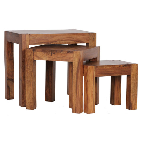 Rootz Nesting Tables - Set of 3 - Solid Wood Sheesham - Dark Brown - Natural Wood - Country House Style - Side Tables
