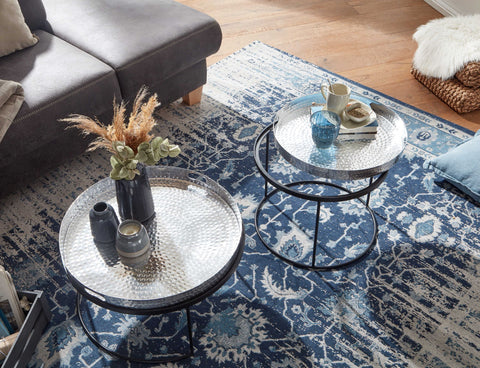 Rootz Round Side Table - Set of 2 Silver-Black Metal Hammer Finish Nesting Tables - Round Coffee Table with Removable Tray - Modern 2-Piece Tray Sofa Table