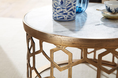 Rootz Coffee Table - Gold Metal Design - Round Living Room Table - Modern Small Coffee Table - Side Table for Living Room - White Marble - 60x60x36 cm